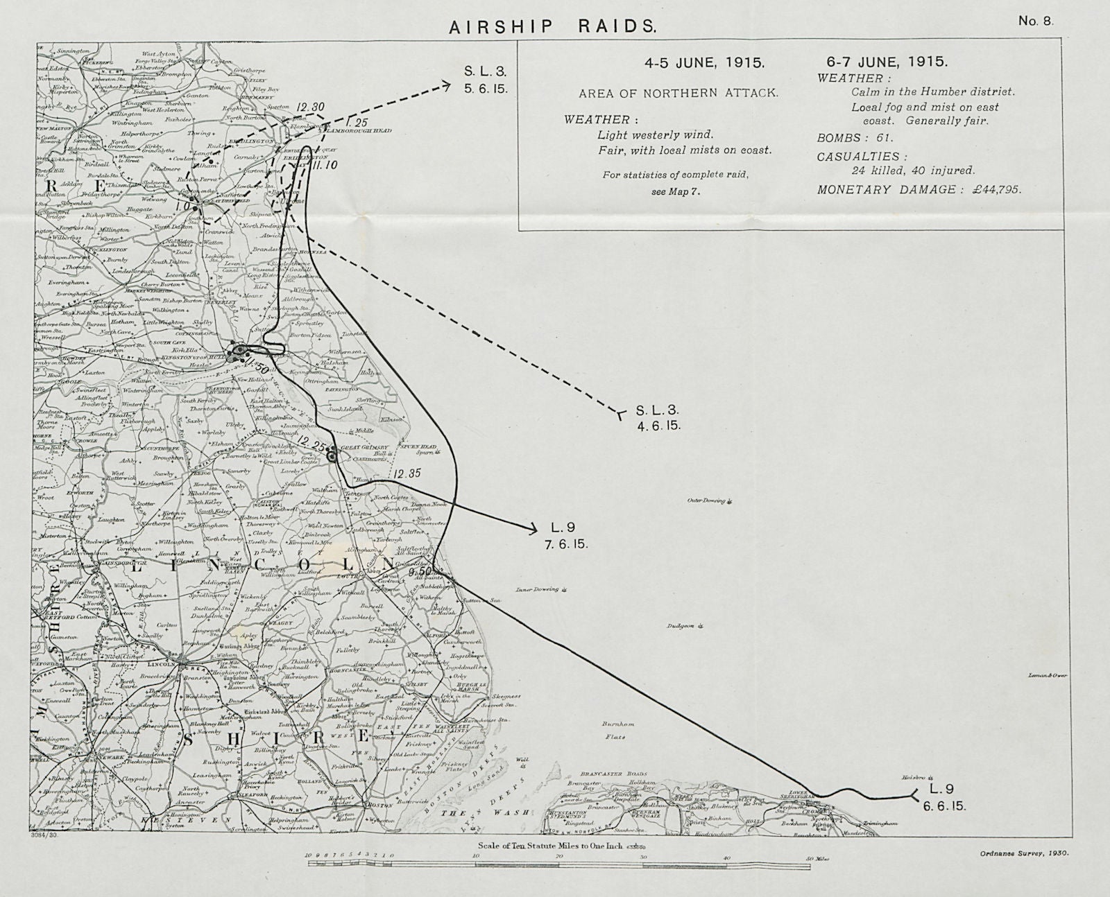 WW1 German Airship raid 4-5 June & 6-7 June 1915 Grimsby Hull Yorkshire 1930 map